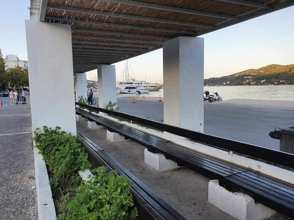 The covered waiting area for passengers at Skiathos ferry port