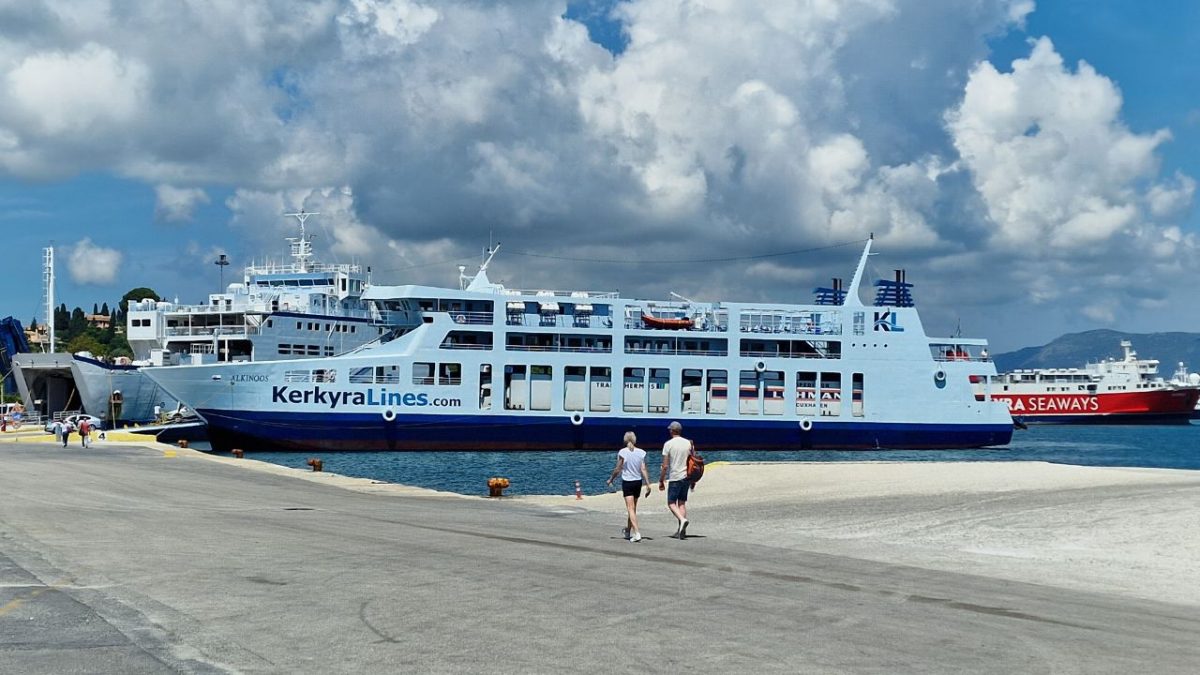 Ferries waiting to travel in Corfu Town ferry port