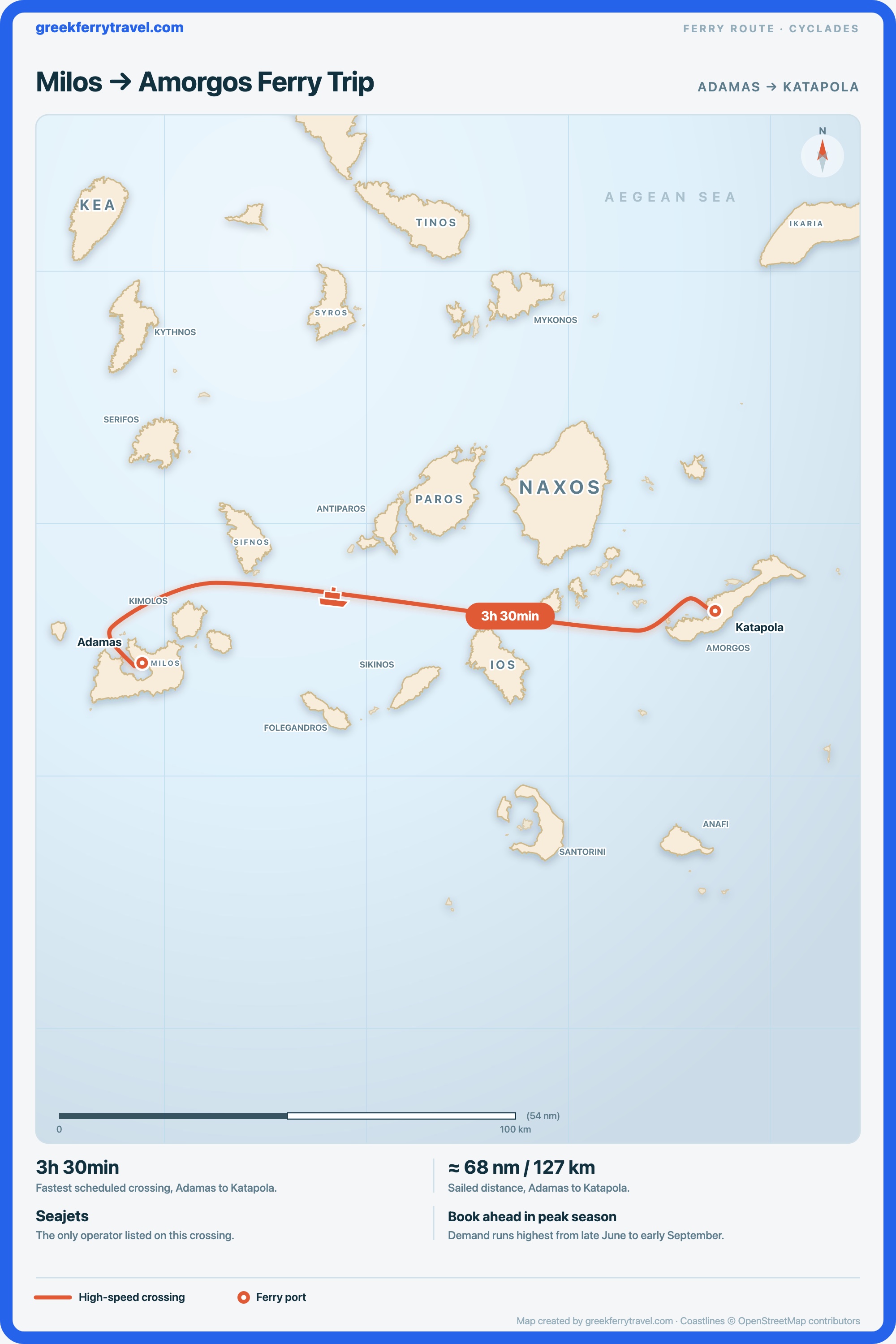 Map of the Cyclades showing the ferry route east from Adamas on Milos to Katapola on Amorgos.