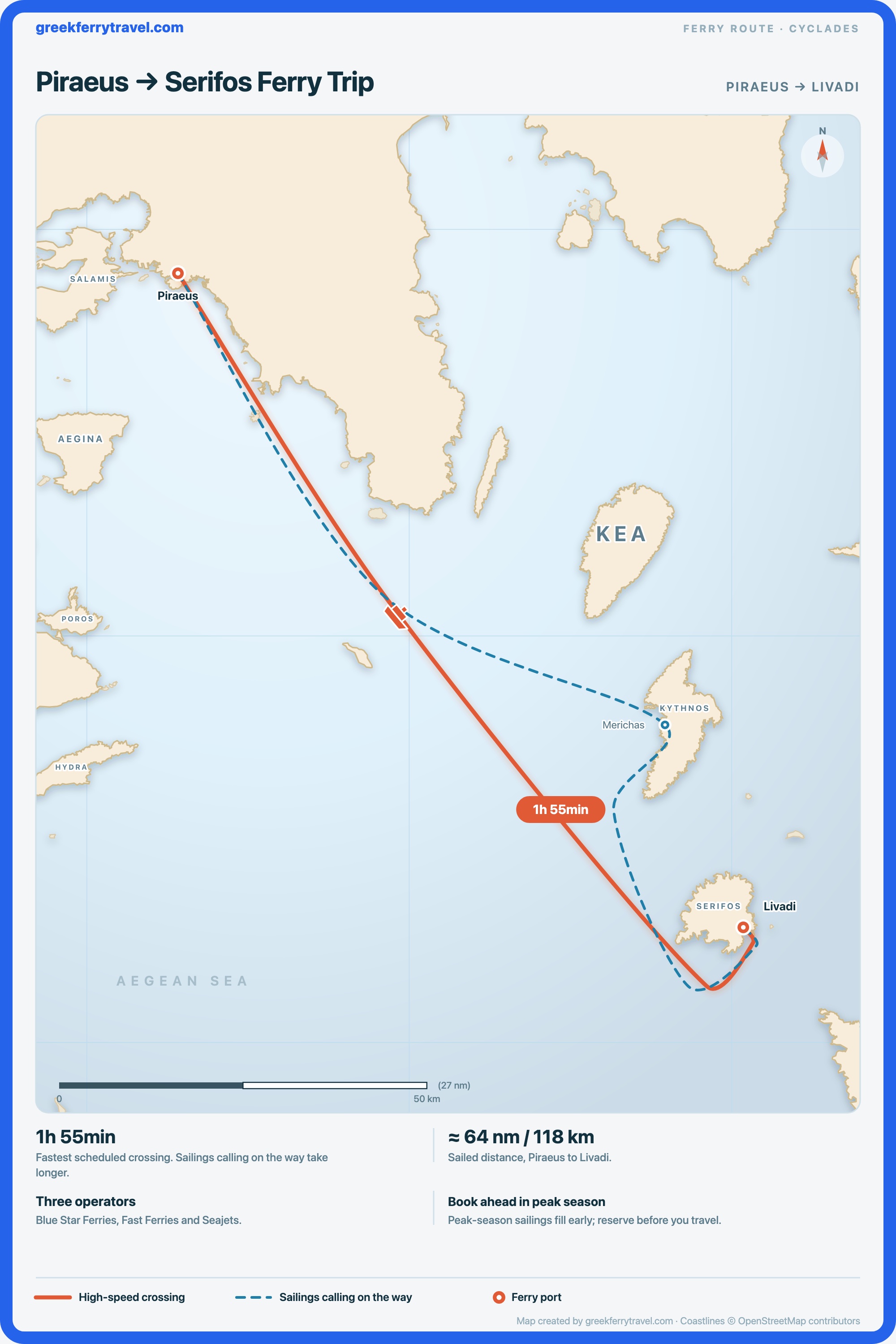 Map of the Cyclades showing the ferry route south-east from Piraeus, the port of Athens, to Livadi on Serifos.