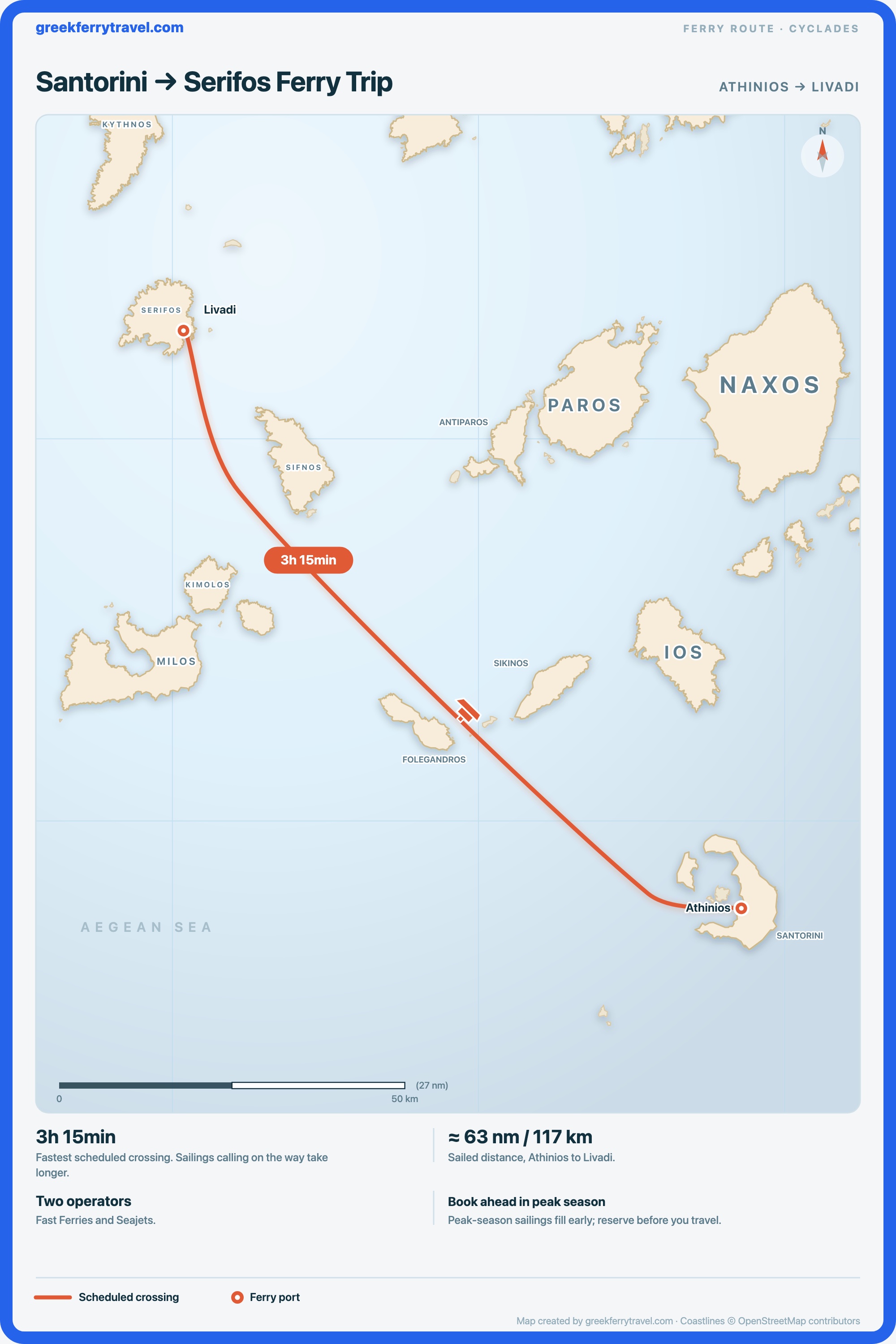 Map of the Cyclades showing the ferry route north-west from Athinios on Santorini to Livadi on Serifos.